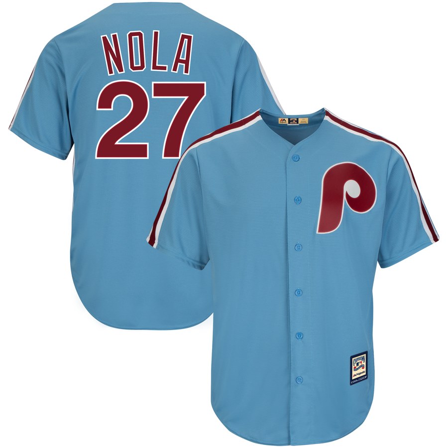 Philadelphia Phillies #27 Aaron Nola Majestic Alternate Official Cool Base Cooperstown Stitched MLB Jersey Light Blue