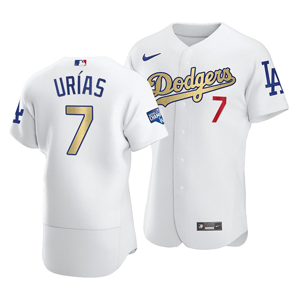 Men's Los Angeles Dodgers #7 Julio Urias White Gold 2021 World Series Champions Patch Sttiched MLB Jersey