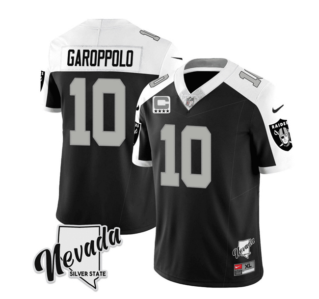 Men's Las Vegas Raiders #10 Jimmy Garoppolo Black/White 2023 F.U.S.E Nevada Silver Stat With 4-Star C patch Stitched Football Jersey