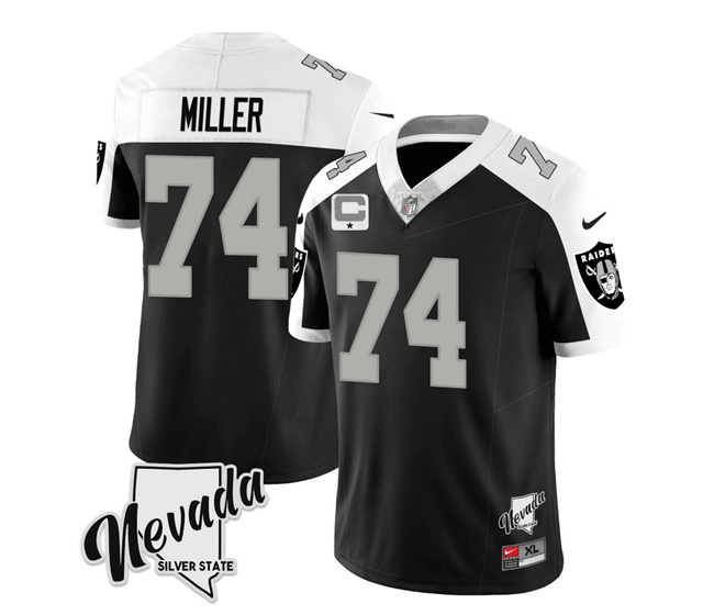 Men's Las Vegas Raiders #74 Kolton Miller Black/White 2023 F.U.S.E Nevada Silver Stat With 1-Star C patch Stitched Football Jersey