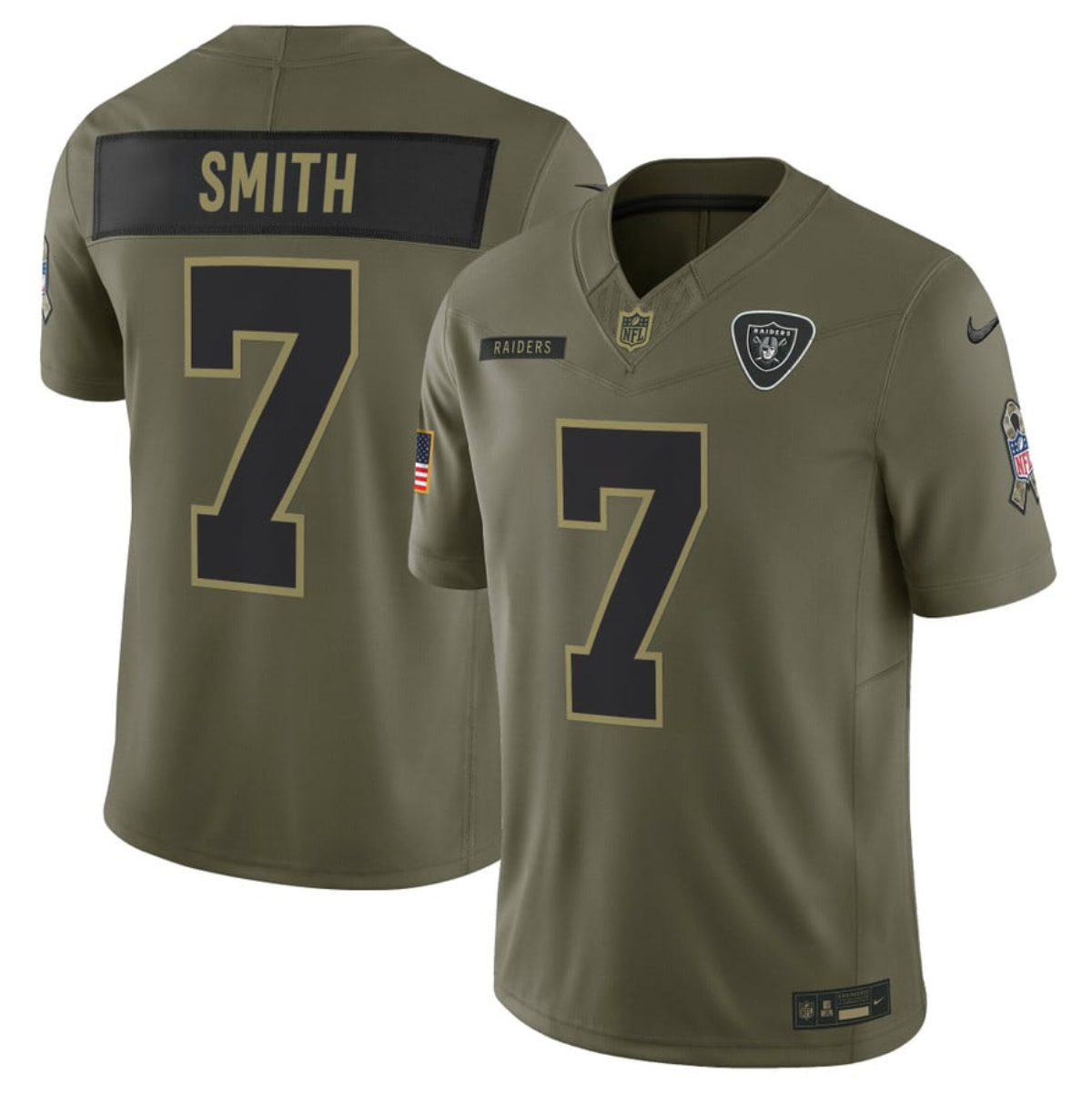 Men's Las Vegas Raiders #7 Geno Smith Olive 2025 F.U.S.E. Salute to Service Limited Stitched Football Jersey Men's Las Vegas Raiders #7 Geno Smith Olive 2025 F.U.S.E. Salute to Service Limited Stitched Football Jersey