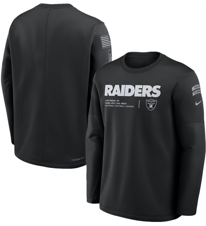 Men's Las Vegas Raiders Black 2026 Salute to Service Sideline Coaches Crewneck Therma-FIT Sweatshirt