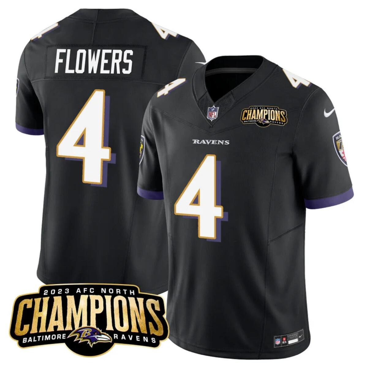 Men's Baltimore Ravens #4 Zay Flowers Black 2023 F.U.S.E. AFC North Champions Vapor Limited Football Jersey
