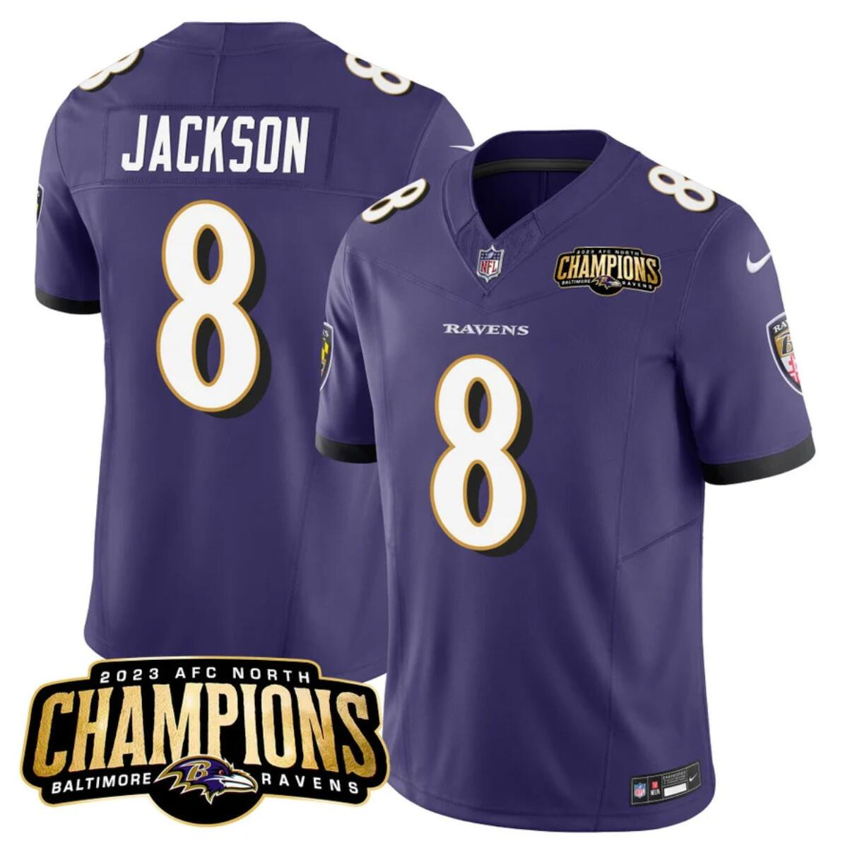 Men's Baltimore Ravens #8 Lamar Jackson Purple 2023 F.U.S.E. AFC North Champions Vapor Limited Football Jersey