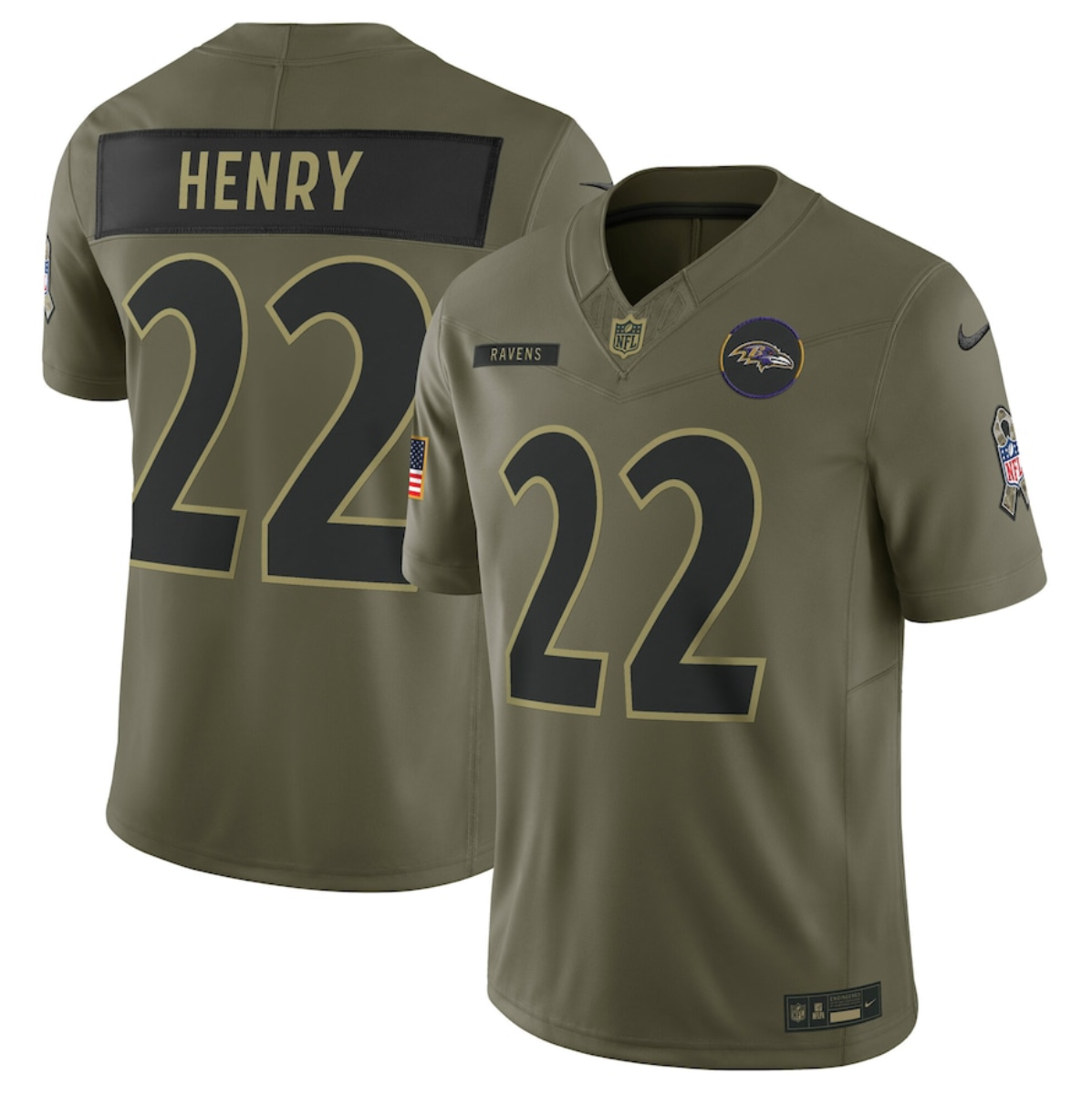 Men's Baltimore Ravens #22 Derrick Henry Olive 2025 Salute to Service Limited Stitched Football Jersey