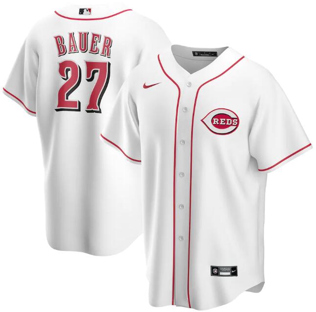 Men's Cincinnati Reds #27 Trevor Bauer White MLB Cool Base Stitched Jersey