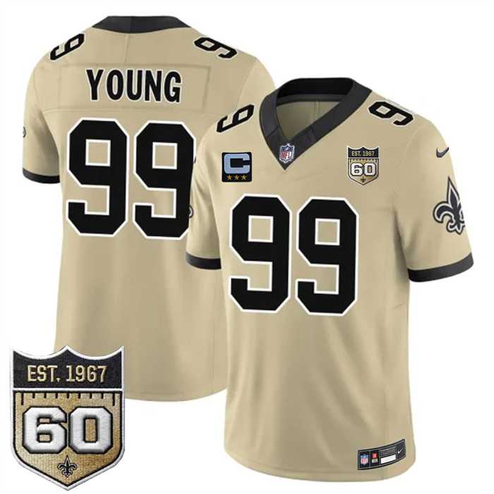 Men's New Orleans Saints #99 Chase Young Gold 2026 F.U.S.E With 3-Star C Patch And 60th Anniversary Patch Vapor Limited Football Stitched Jersey