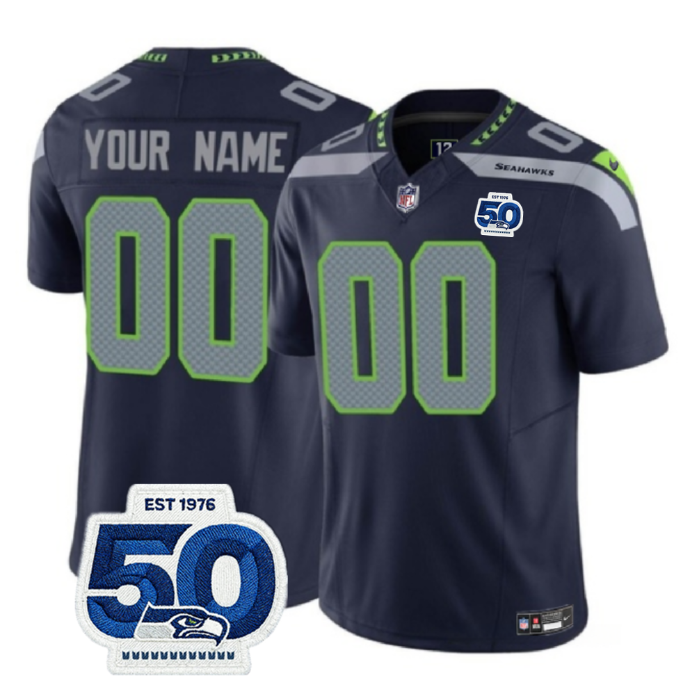 Men's Seattle Seahawks Active Player Custom Navy 2025 F.U.S.E. 50th Anniversary Patch Vapor Untouchable Limited Stitched Football Jersey Men's Seattle Seahawks Active Player Custom Navy 2025 F.U.S.E. 50th Anniversary Patch Vapor Untouchable Limited Stitched Football Jersey