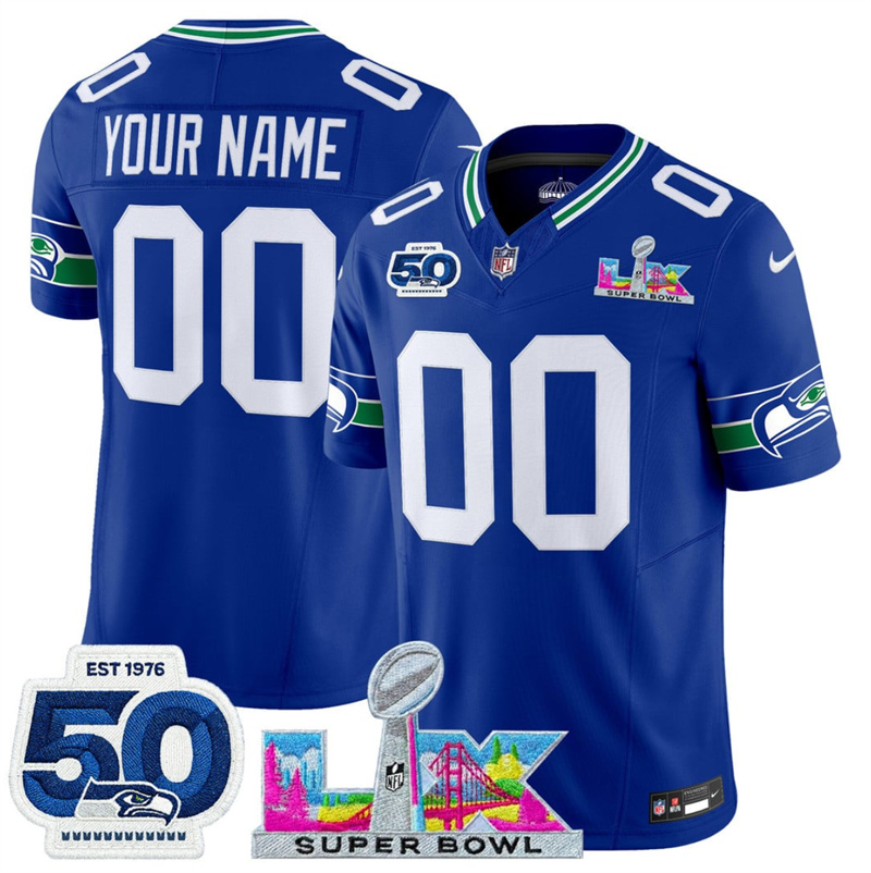 Men's Seattle Seahawks Active Player Custom Royal 2025 F.U.S.E. Super Bowl LX Patch And 50th Season Patch Vapor Throwback Limited Stitched Football Jersey
