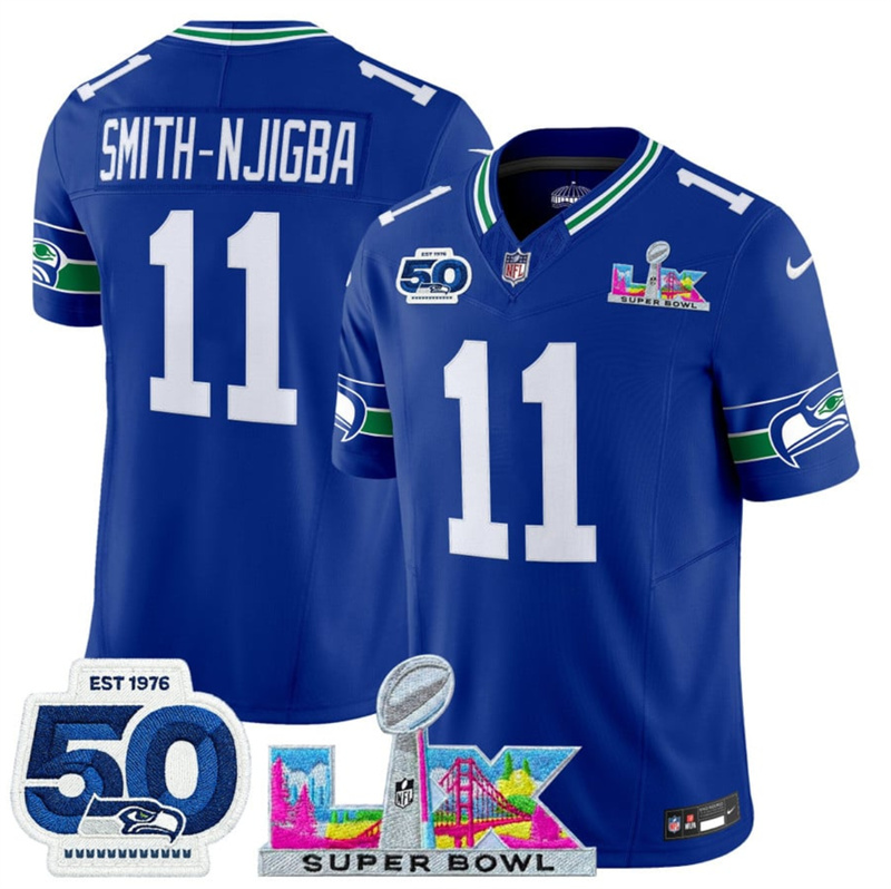 Men's Seattle Seahawks #11 Jaxon Smith-Njigba Royal 2025 F.U.S.E. Super Bowl LX Patch And 50th Season Patch Vapor Throwback Limited Stitched Football Jersey