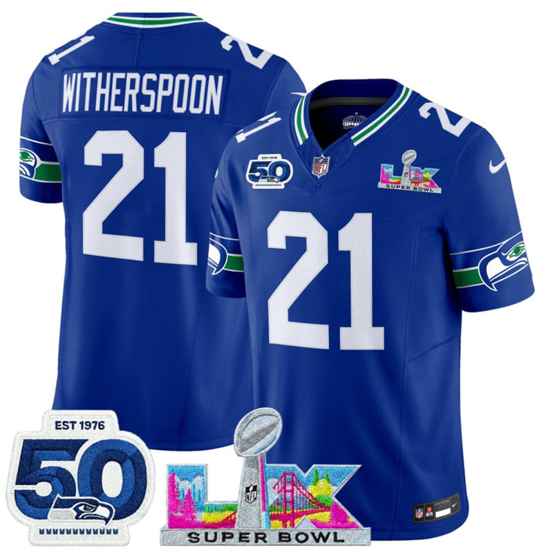 Men's Seattle Seahawks #21 Devon Witherspoon Royal 2025 F.U.S.E. Super Bowl LX Patch And 50th Season Patch Vapor Throwback Limited Stitched Football Jersey