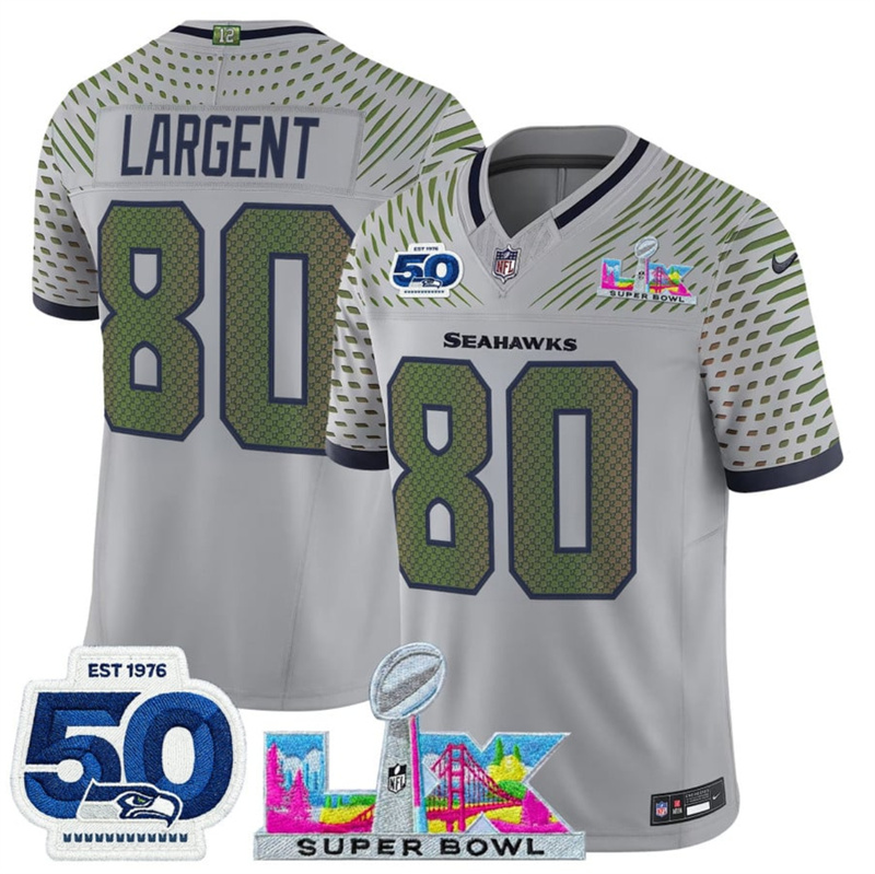 Men's Seattle Seahawks #80 Steve Largent Grey 2025 F.U.S.E. Super Bowl LX Patch And 50th Season Patch “Rivalries” Vapor Limited Stitched Football Jersey Men's Seattle Seahawks #80 Steve Largent Grey 2025 F.U.S.E. Super Bowl LX Patch And 50th Season Patch “Rivalries” Vapor Limited Stitched Football Jersey