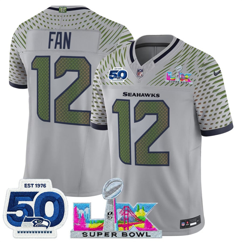 Men's Seattle Seahawks #12 Fan Grey 2025 F.U.S.E. Super Bowl LX Patch And 50th Season Patch “Rivalries” Vapor Limited Stitched Football Jersey