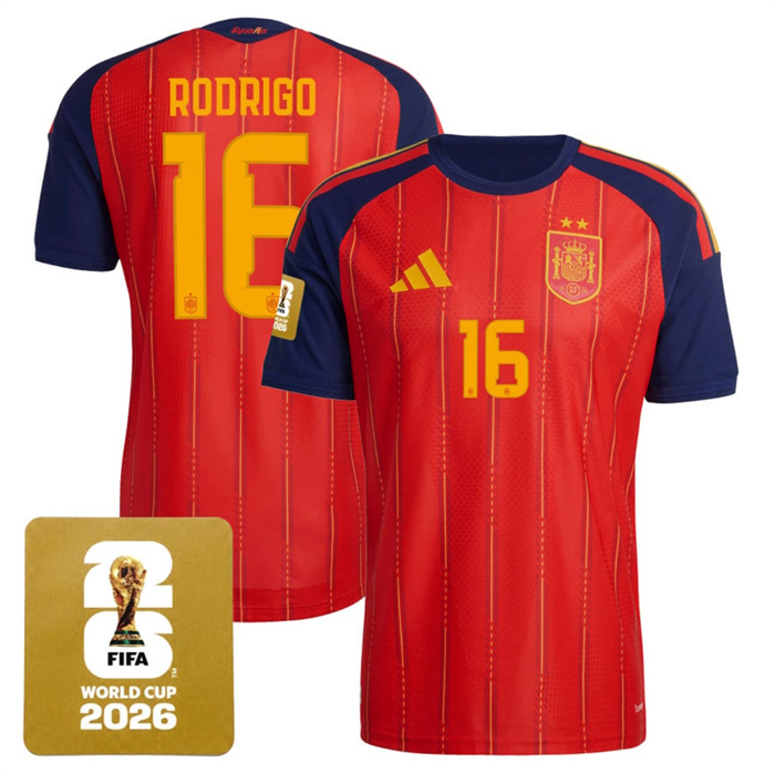 Men's Spain Team #16 Rodrigo Red 2026 World Cup Home Soccer Jersey Men's Spain Team #16 Rodrigo Red 2026 World Cup Home Soccer Jersey