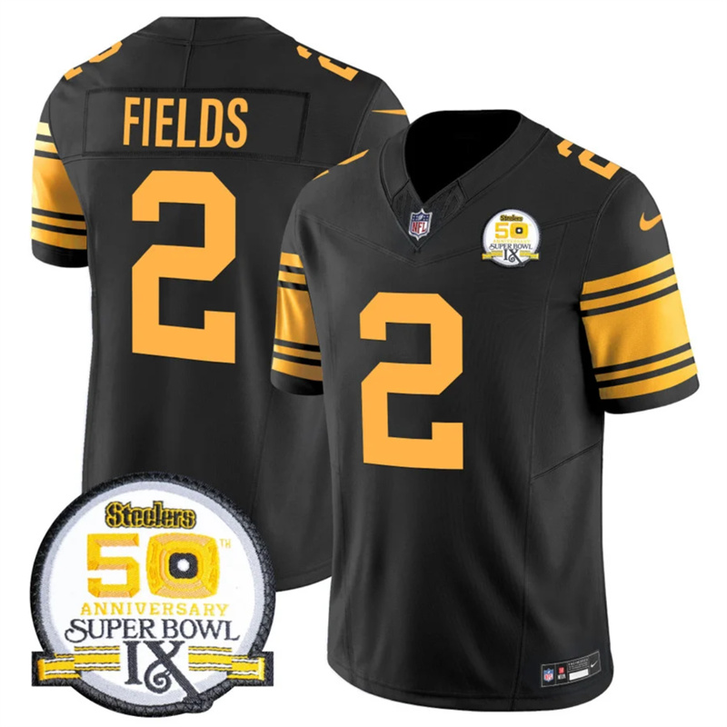 Men's Pittsburgh Steelers #2 Justin Fields Black 2024 F.U.S.E. 50th Anniversary Of Super Bowl IX Color Rush Limited Stitched Jersey Men's Pittsburgh Steelers #2 Justin Fields Black 2024 F.U.S.E. 50th Anniversary Of Super Bowl IX Color Rush Limited Stitched Jersey