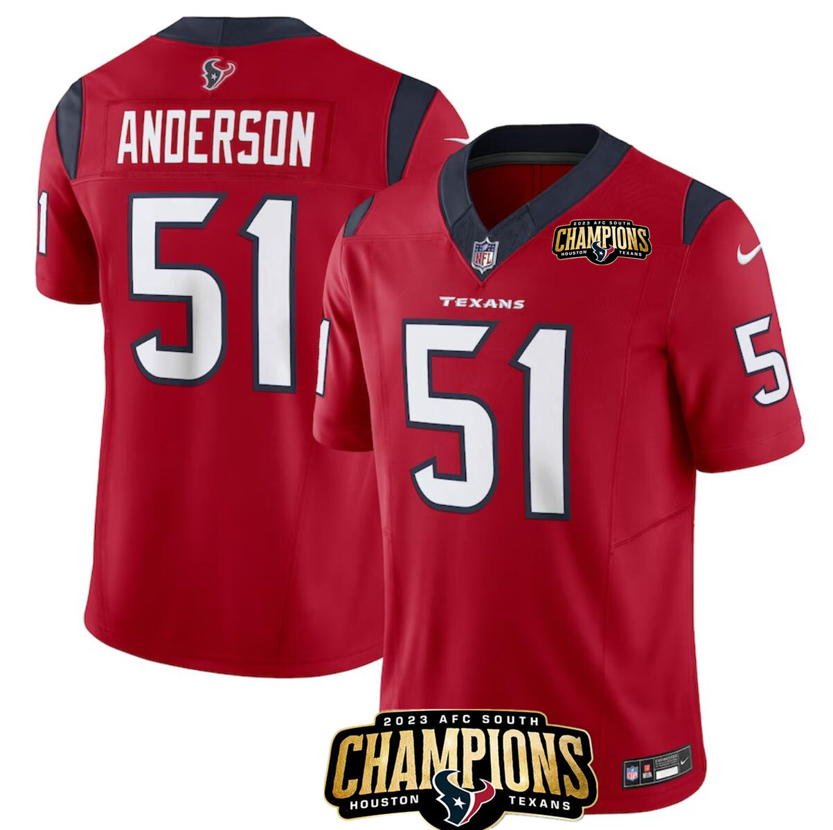 Men's Houston Texans #51 Will Anderson Jr. Red 2023 F.U.S.E. AFC South Champions Patch Vapor Untouchable Limited Stitched Football Jersey