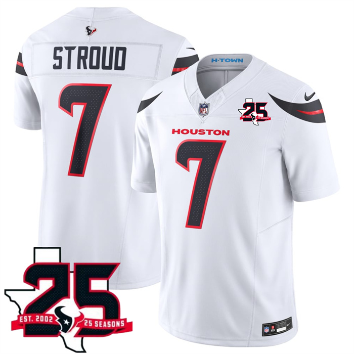 Men's Houston Texans #7 C.J. Stroud White 2026 25th Anniversary Patch F.U.S.E. Vapor Limited Stitched Football Jersey Men's Houston Texans #7 C.J. Stroud White 2026 25th Anniversary Patch F.U.S.E. Vapor Limited Stitched Football Jersey
