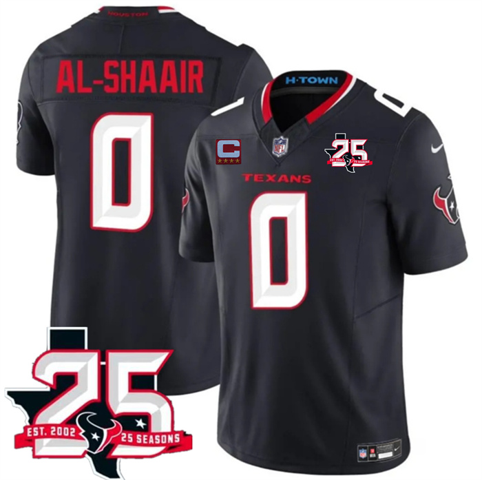 Men's Houston Texans #0 Azeez Al-Shaair Navy 2nd Alternate 2026 With 25th Anniversary Patch And 4-Star C Patch F.U.S.E. Vapor Limited Stitched Football Jersey
