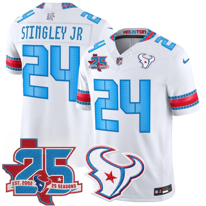 Men's Houston Texans #24 Derek Stingley Jr. White 2026 25th Anniversary Patch F.U.S.E. 'HOUSTON/US' Rivalries Collection Limited Stitched Football Jersey Men's Houston Texans #24 Derek Stingley Jr. White 2026 25th Anniversary Patch F.U.S.E. 'HOUSTON/US' Rivalries Collection Limited Stitched Football Jersey
