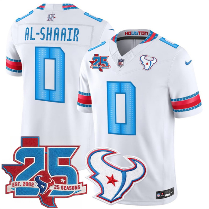 Men's Houston Texans #0 Azeez Al-Shaair White 2026 25th Anniversary Patch F.U.S.E. 'HOUSTON/US' Rivalries Collection Limited Stitched Football Jersey
