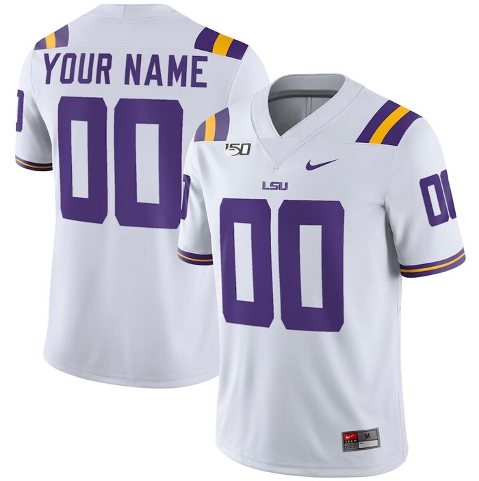 Men's LSU Tigers Customized White With 150th Patch Limited Stitched Jersey