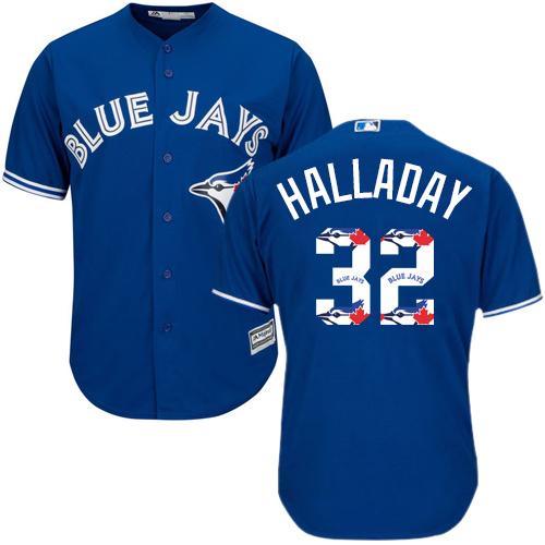 Blue Jays #32 Roy Halladay Blue Team Logo Fashion Stitched MLB Jersey