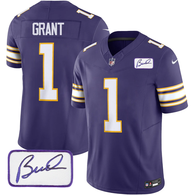 Men's Minnesota Vikings #1 Greg Joseph Purple 2023 F.U.S.E. Bud Grant patch Vapor Limited Stitched Jersey