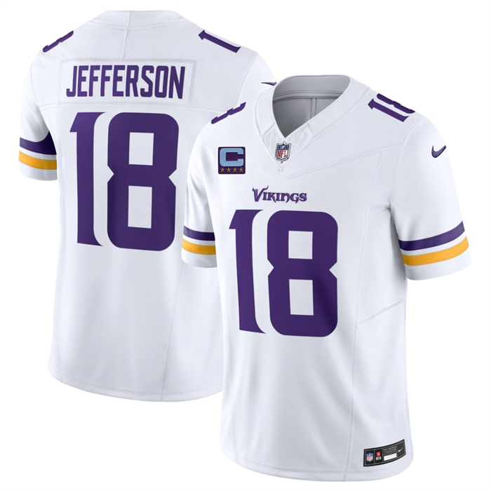 Men's Minnesota Vikings #18 Justin Jefferson White 2026 F.U.S.E. With 4-star C Patch And John Madden Patch Vapor Limited Stitched Football Jersey