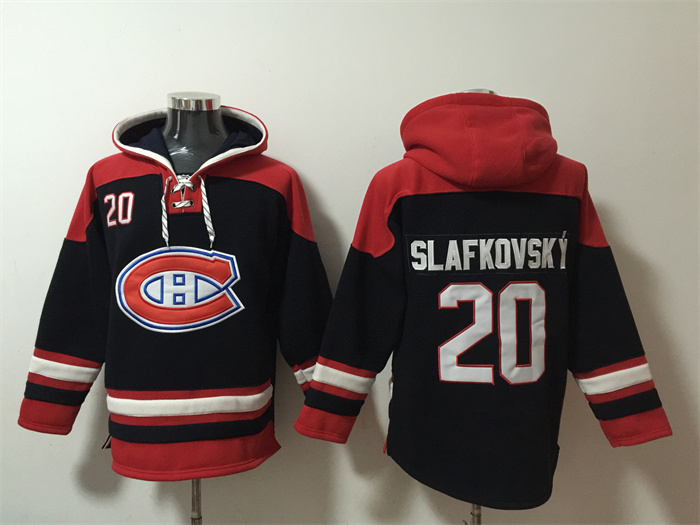 Men's Montreal Canadiens #20 Juraj Slafkovsky Navy/Red Lace-Up Pullover Hoodie