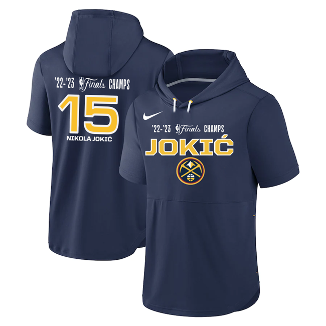 Men's Denver Nuggets #15 Nikola Jokic Navy Performance Short Sleeve Pullover Hoodie