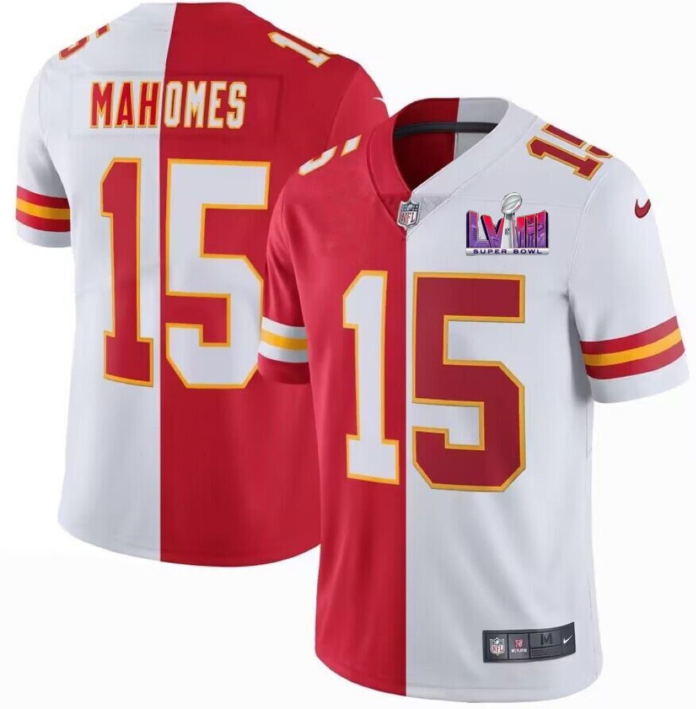 Men's Kansas City Chiefs #15 Patrick Mahomes Red & White Split Super Bowl LVIII Patch Limited Stitched Jersey