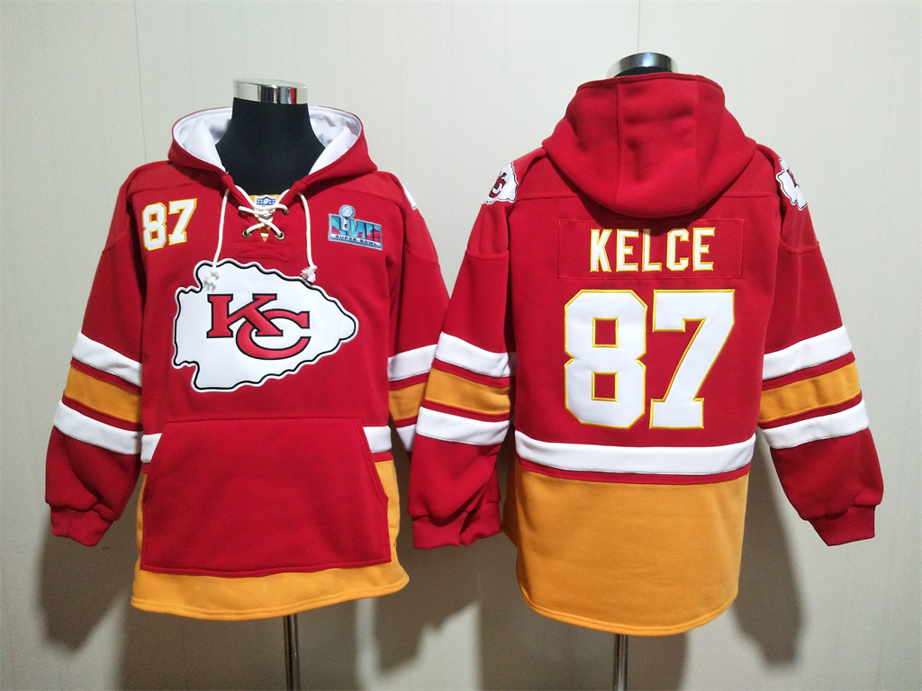 Men's Kansas City Chiefs #87 Travis Kelce Red Super Bowl Lace-Up Pullover Hoodie