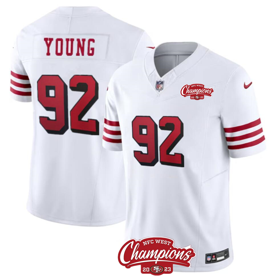 Men's San Francisco 49ers #92 Chase Young White 2023 F.U.S.E. NFC West Champions Patch Alternate Stitched Football Jersey