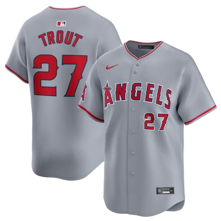 Men's Los Angeles Angels #27 Mike Trout Grey Away Limited Stitched Baseball Jersey