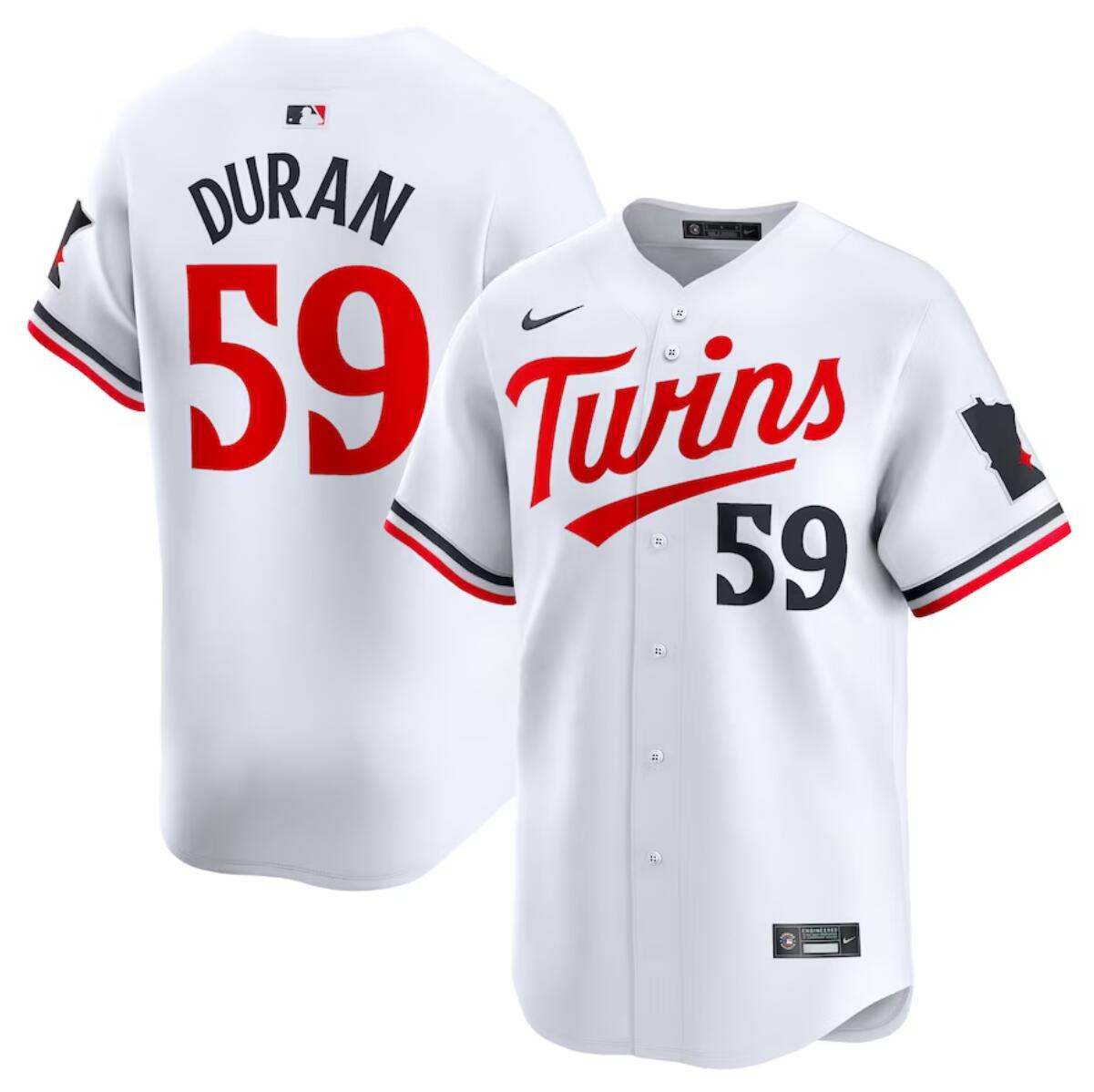 Men's Minnesota Twins #59 Jhoan Duran White 2024 Home Limited Cool Base Stitched Baseball Jersey Men's Minnesota Twins #59 Jhoan Duran White 2024 Home Limited Cool Base Stitched Baseball Jersey