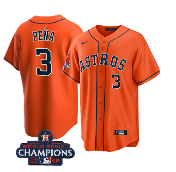 Men's Houston Astros #3 Jeremy Peña Orange 2022 World Series Champions Cool Base With No. In Front Stitched Baseball Jersey