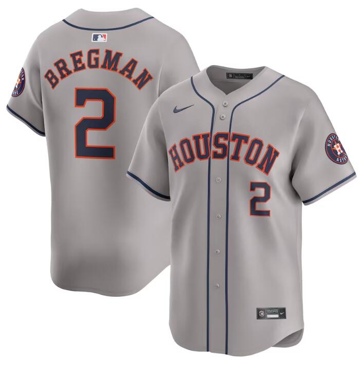 Men's Houston Astros #2 Alex Bregman Grey 2024 Away Limited Stitched Baseball Jersey