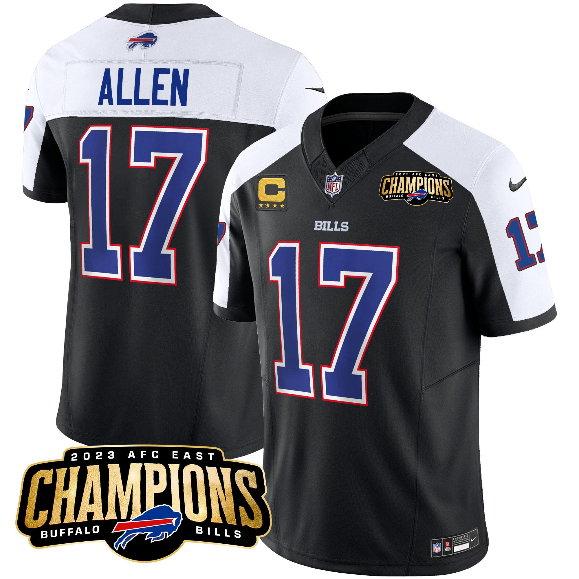Men's Buffalo Bills #17 Josh Allen Black/White 2023 F.U.S.E. AFC East Champions With 4-star C Ptach Stitched Football Jersey