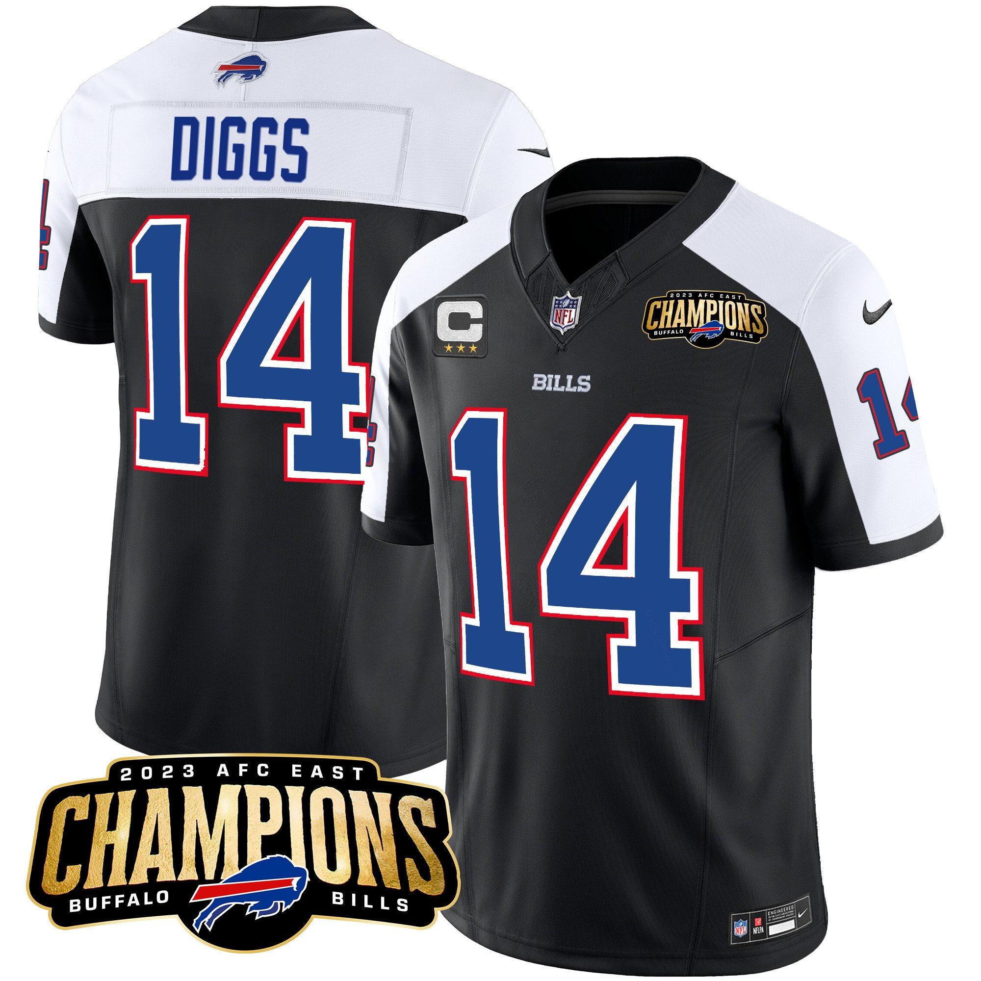 Men's Buffalo Bills #14 Stefon Diggs Black/White 2023 F.U.S.E. AFC East Champions With 3-star C Ptach Stitched Football Jersey