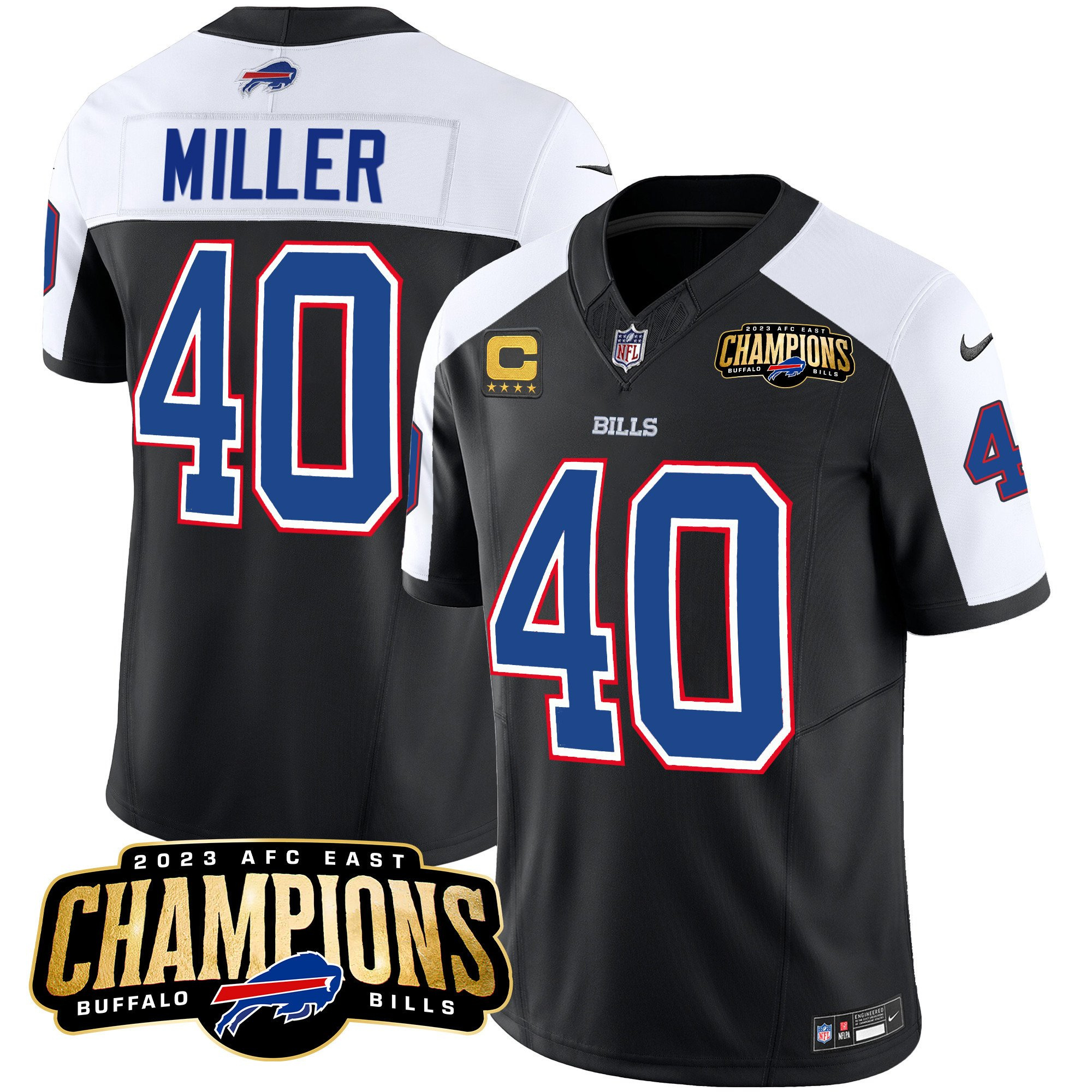 Men's Buffalo Bills #40 Von Miller Black/White 2023 F.U.S.E. AFC East Champions With 4-star C Ptach Stitched Football Jersey