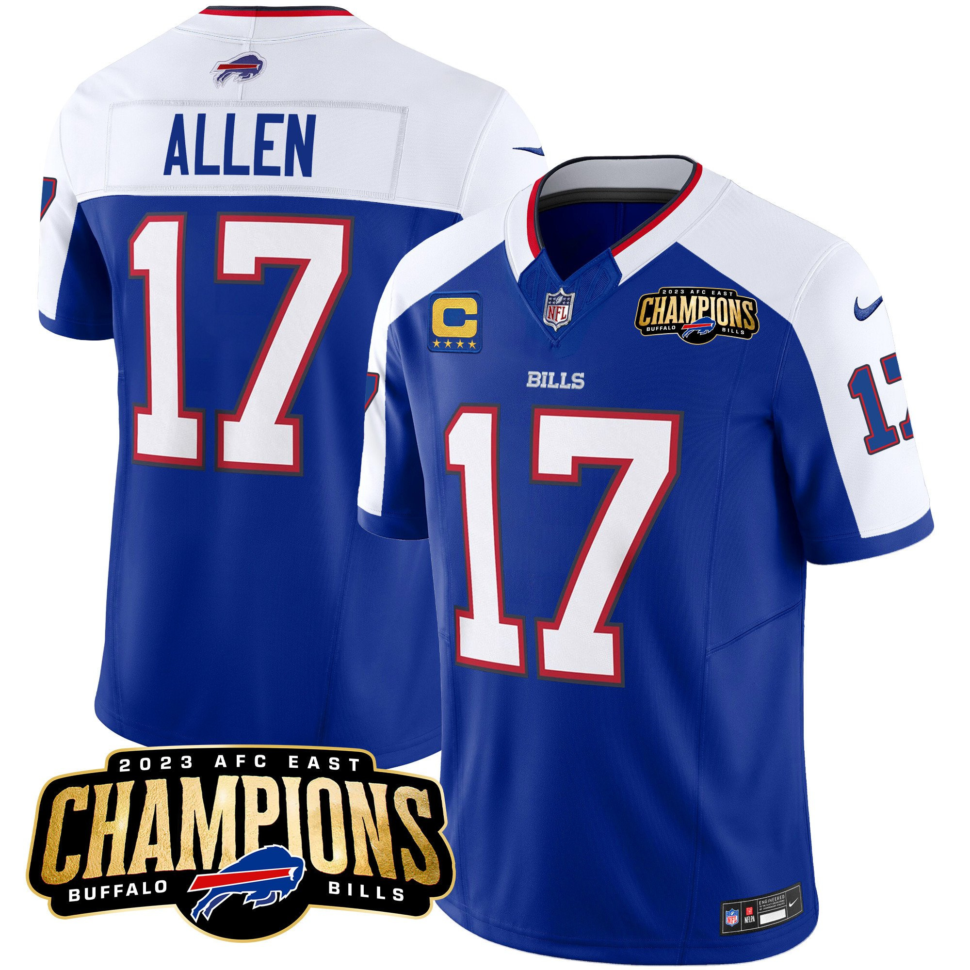 Men's Buffalo Bills #17 Josh Allen Blue/White 2023 F.U.S.E. AFC East Champions With 4-star C Ptach Stitched Football Jersey