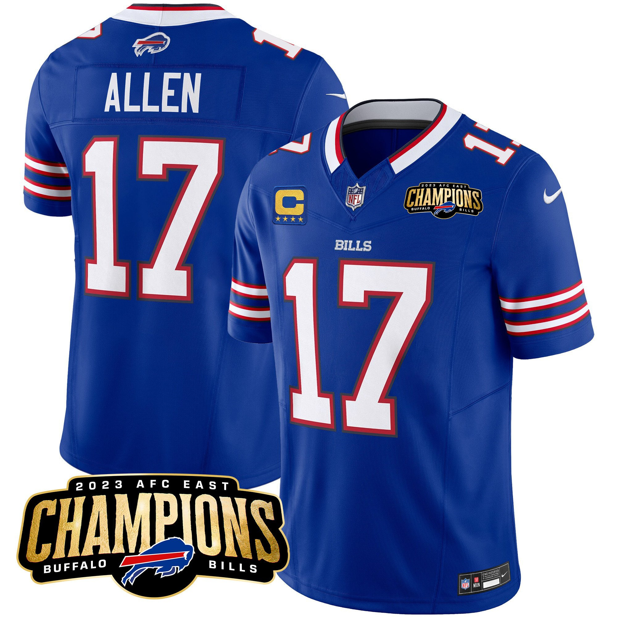 Men's Buffalo Bills #17 Josh Allen Blue 2023 F.U.S.E. AFC East Champions With 4-star C Ptach Stitched Football Jersey