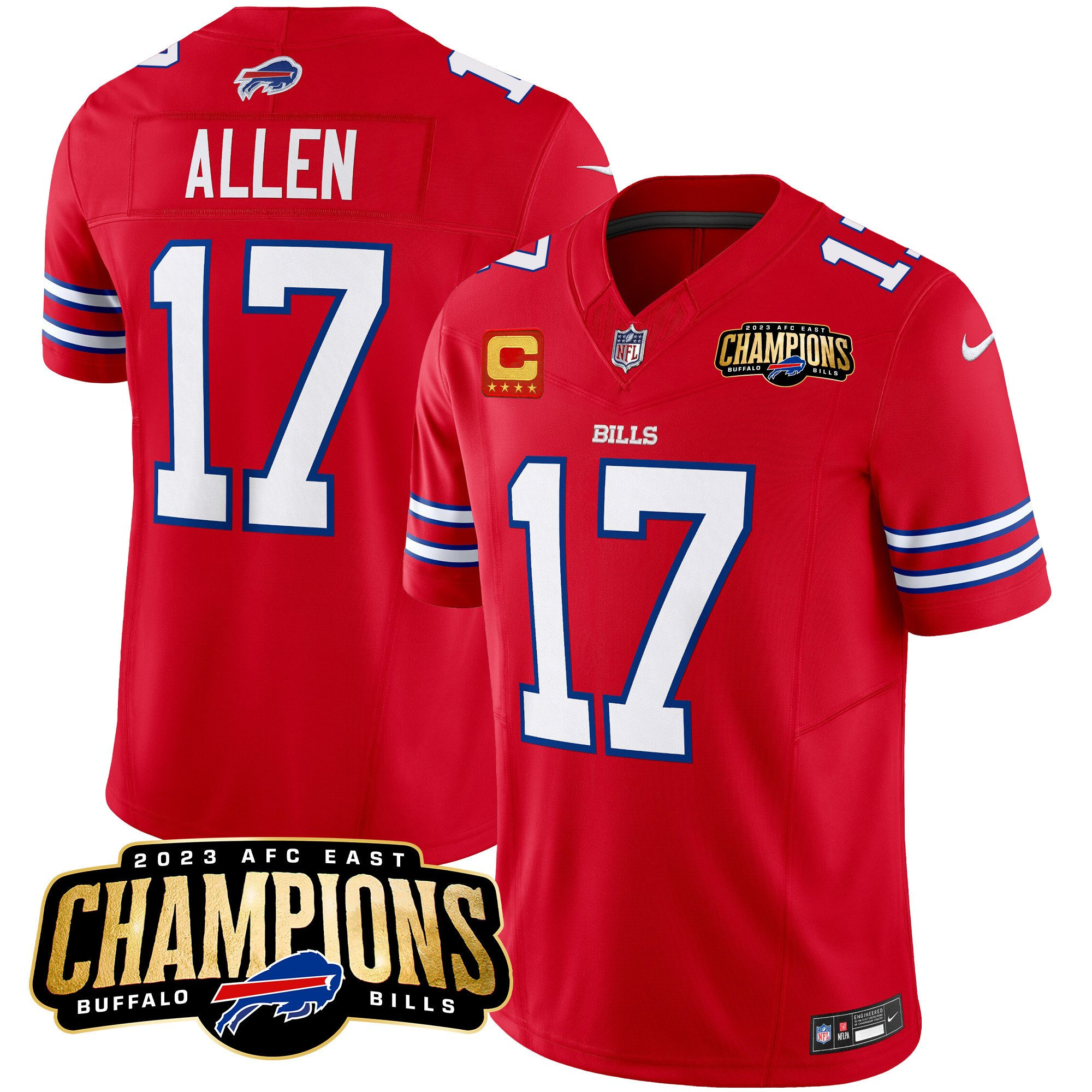 Men's Buffalo Bills #17 Josh Allen Red 2023 F.U.S.E. AFC East Champions With 4-star C Ptach Stitched Football Jersey