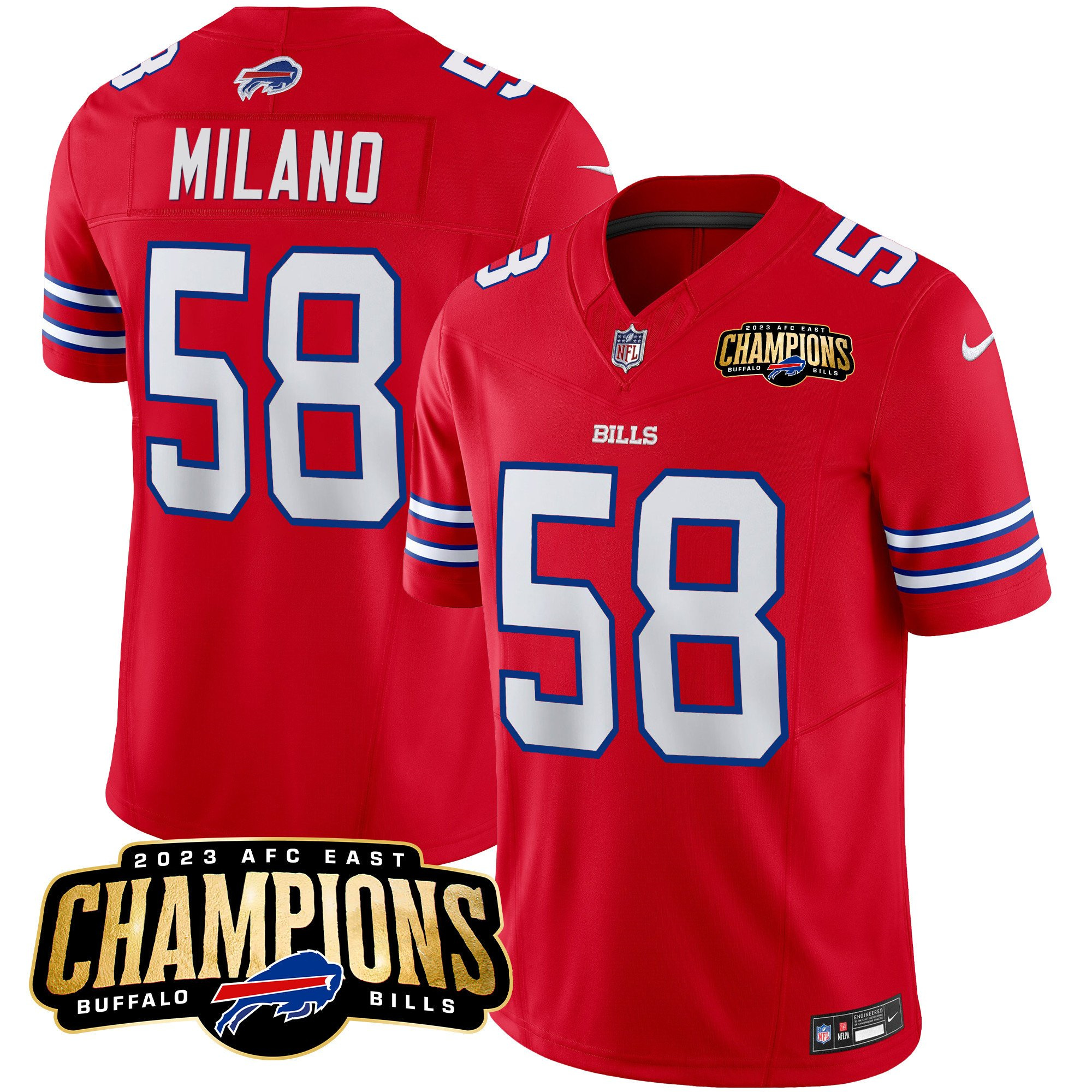 Men's Buffalo Bills #58 Matt Milano Red 2023 F.U.S.E. AFC East Champions Ptach Stitched Football Jersey