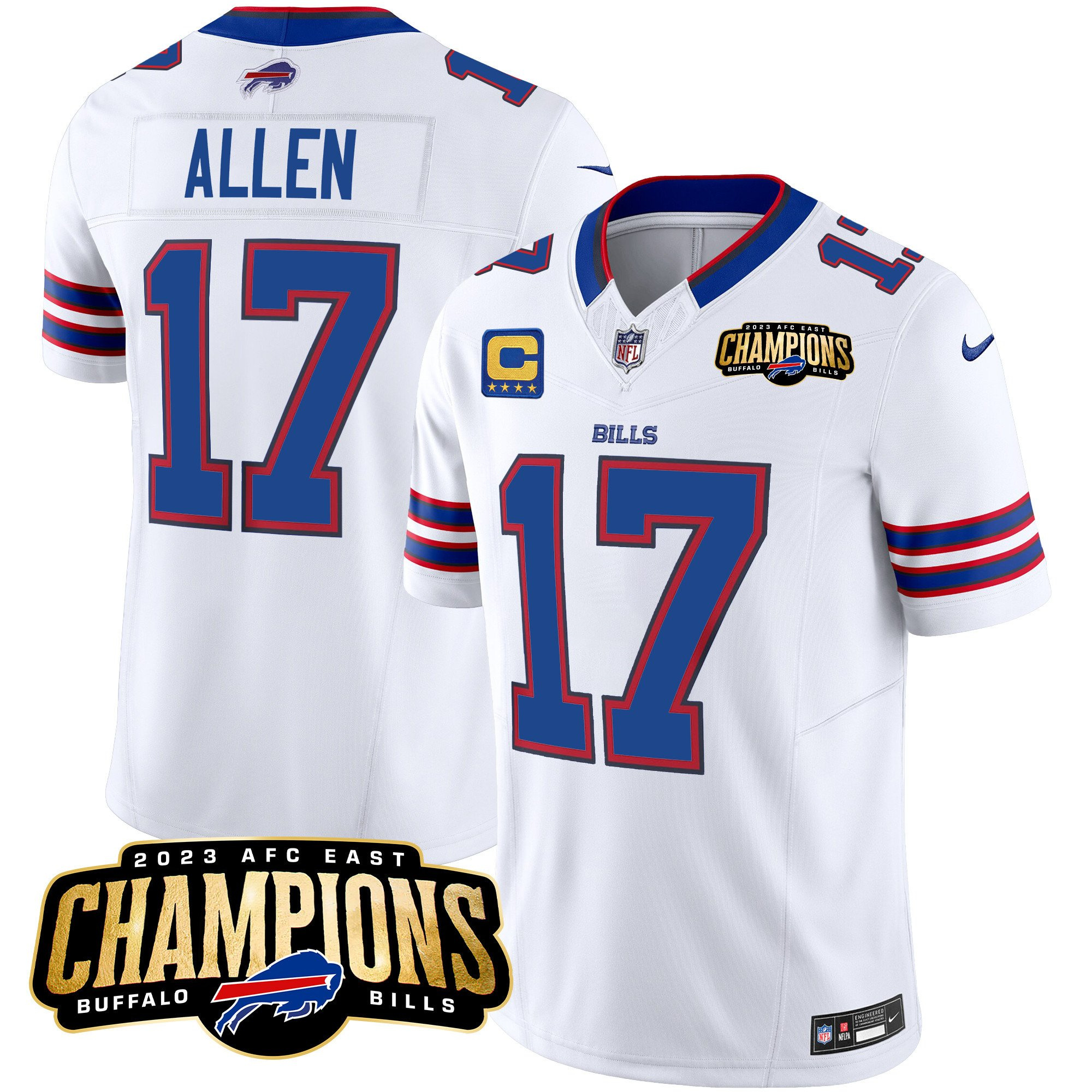 Men's Buffalo Bills #17 Josh Allen White 2023 F.U.S.E. AFC East Champions With 4-star C Ptach Stitched Football Jersey