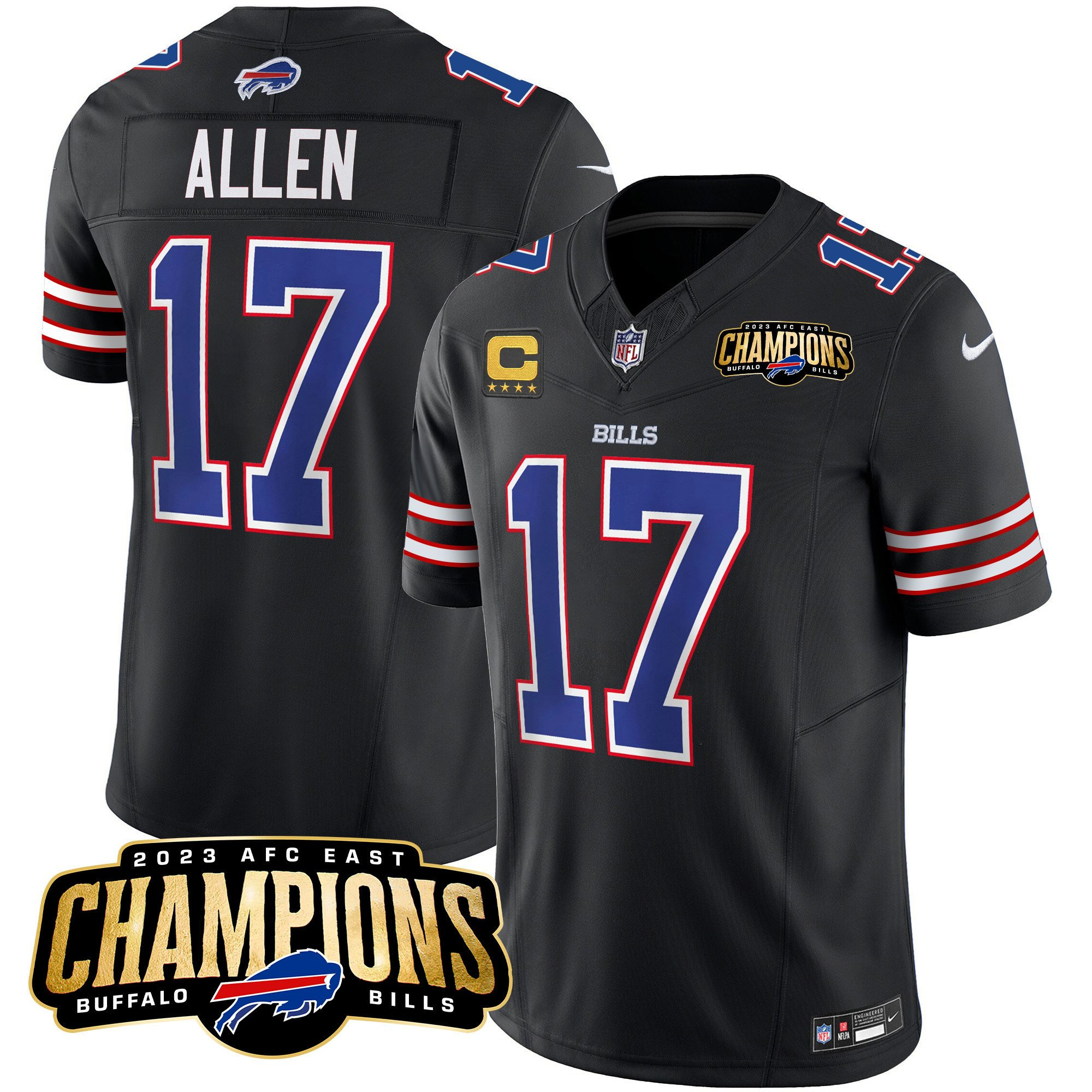 Men's Buffalo Bills #17 Josh Allen Black 2023 F.U.S.E. AFC East Champions With 4-star C Ptach Stitched Football Jersey