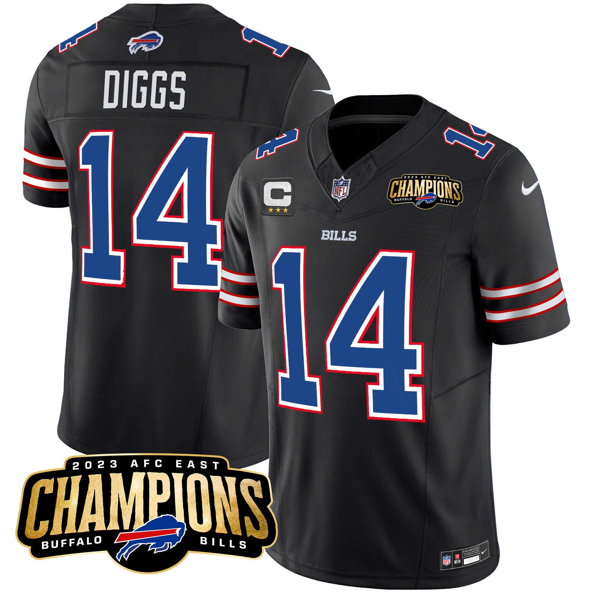 Men's Buffalo Bills #14 Stefon Diggs Black 2023 F.U.S.E. AFC East Champions With 3-star C Ptach Stitched Football Jersey