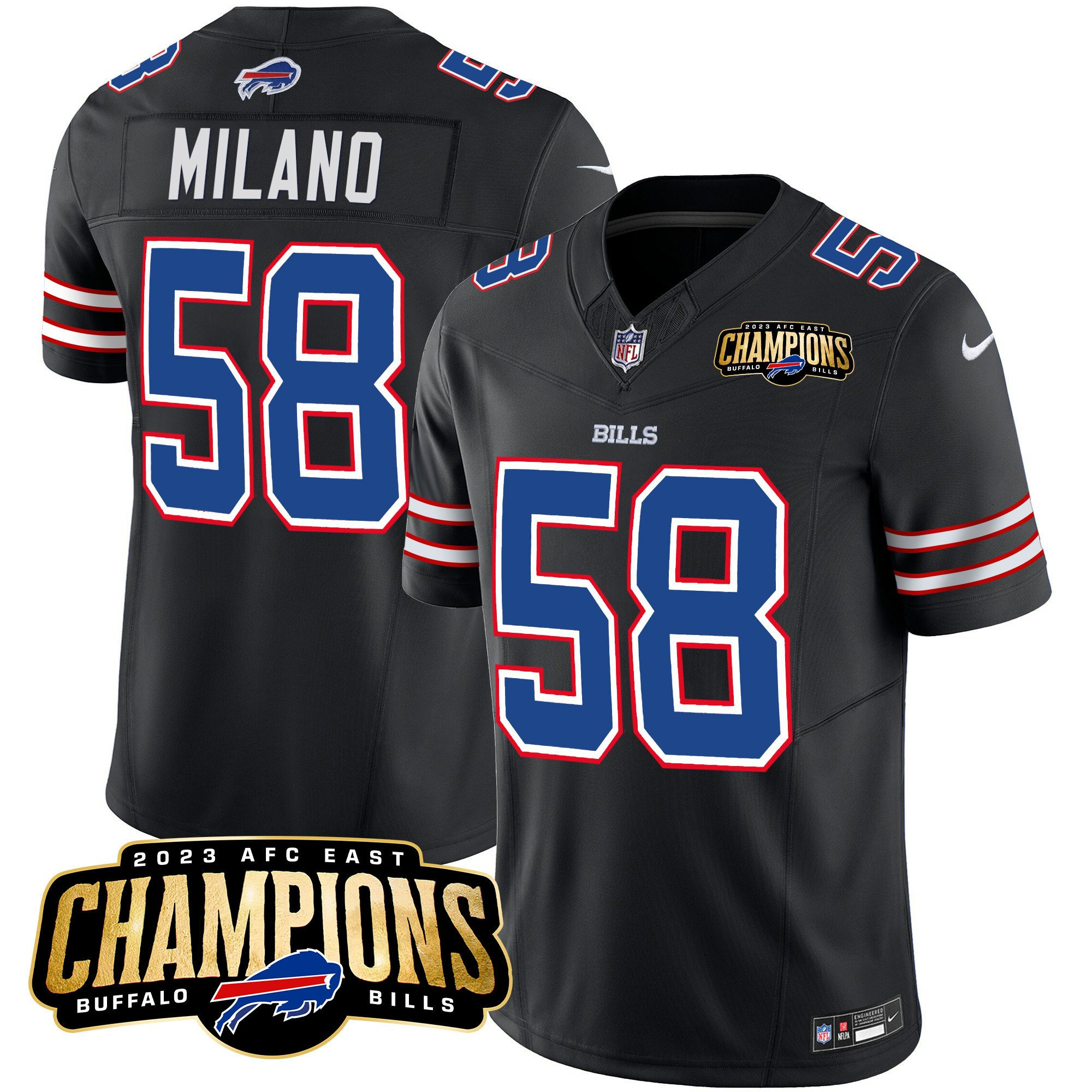 Men's Buffalo Bills #58 Matt Milano Black 2023 F.U.S.E. AFC East Champions Ptach Stitched Football Jersey