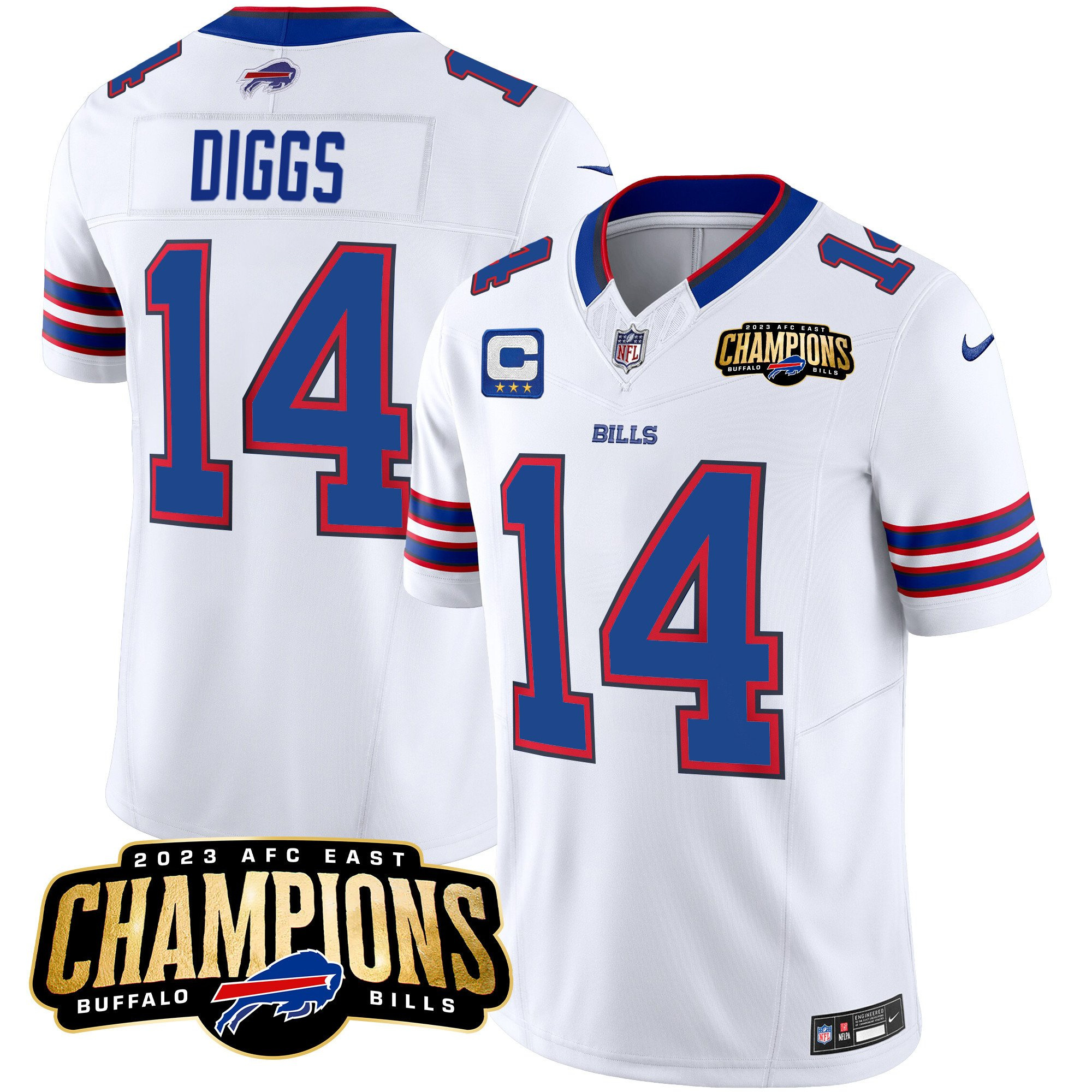 Men's Buffalo Bills #14 Stefon Diggs White 2023 F.U.S.E. AFC East Champions With 3-star C Ptach Stitched Football Jersey