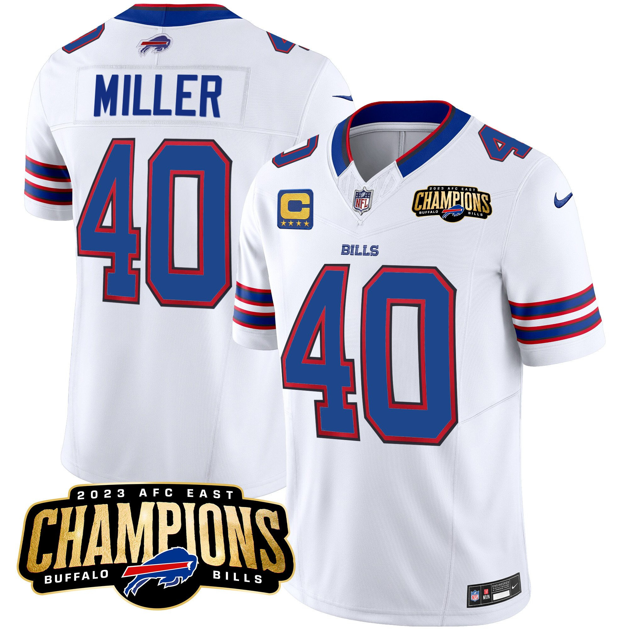 Men's Buffalo Bills #40 Von Miller White 2023 F.U.S.E. AFC East Champions With 4-star C Ptach Stitched Football Jersey